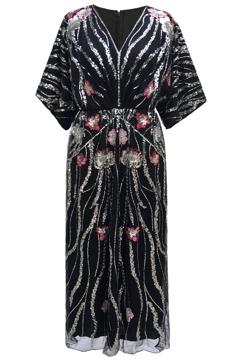 DOREEN SEQUIN FLORAL MAXI DRESS - BLACK