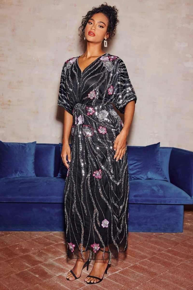 DOREEN SEQUIN FLORAL MAXI DRESS - BLACK