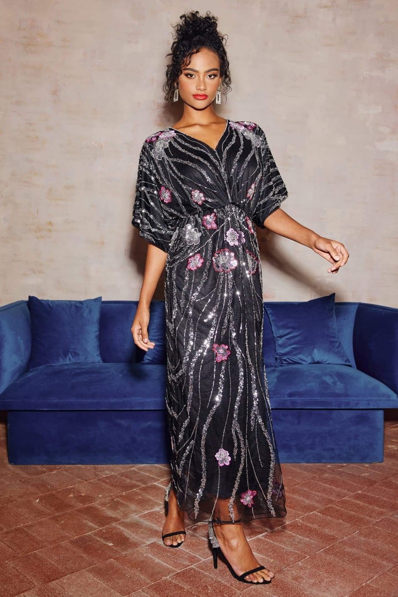DOREEN SEQUIN FLORAL MAXI DRESS - BLACK