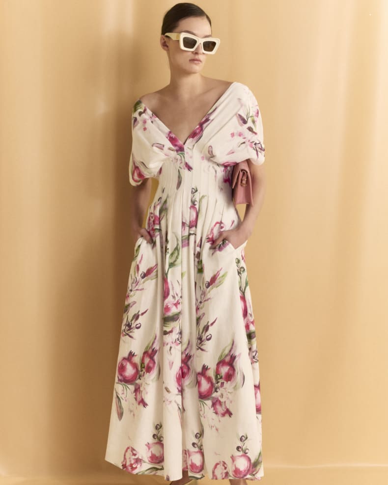 SONYA FLORAL PLEATED MAXI DRESS WHITE