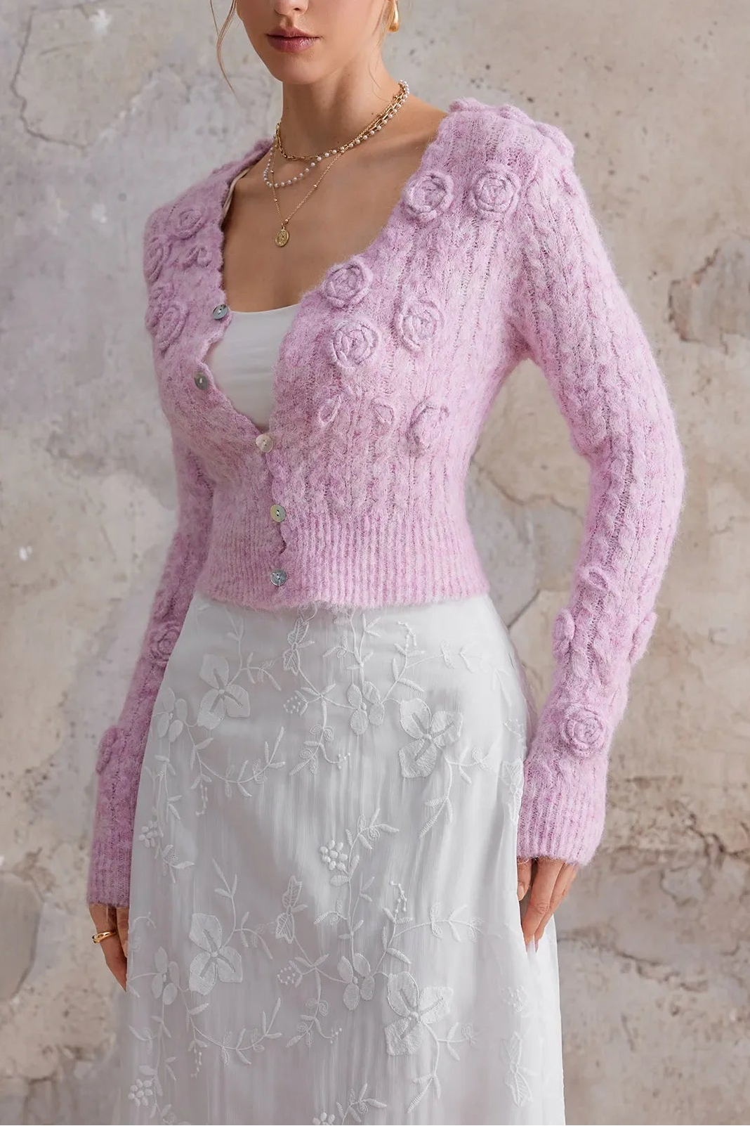 noosgop_Pink_three-dimensional_flower_V-neck_sweater_julia_1 ANNA PINK 3D FLOWER V-NECK SWEATER FOR PARTY