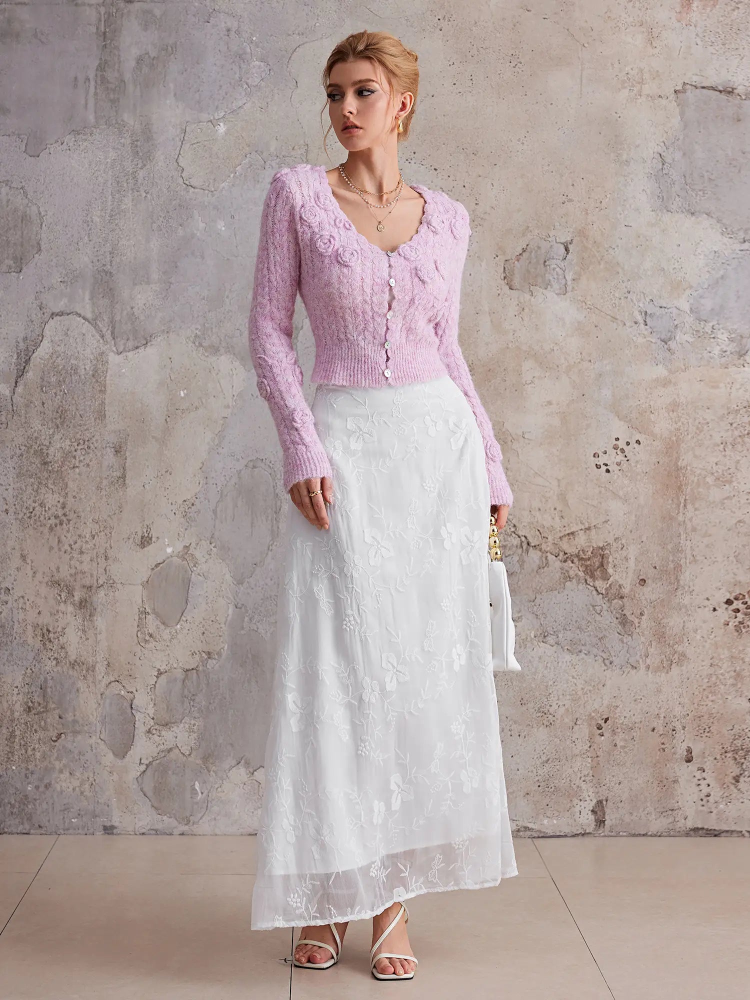 ANNA PINK 3D FLOWER V-NECK SWEATER FOR PARTY
