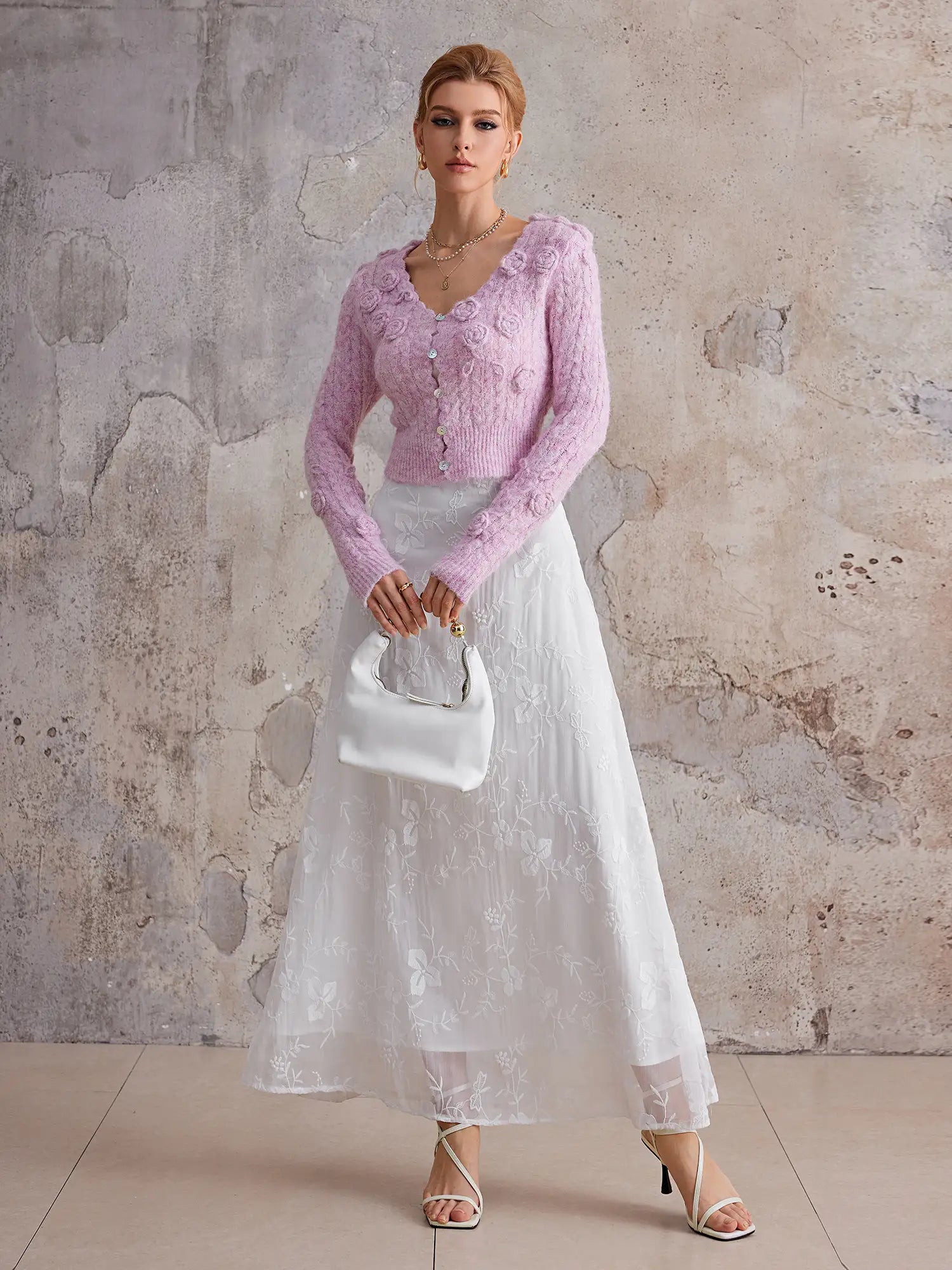 ANNA PINK 3D FLOWER V-NECK SWEATER FOR PARTY
