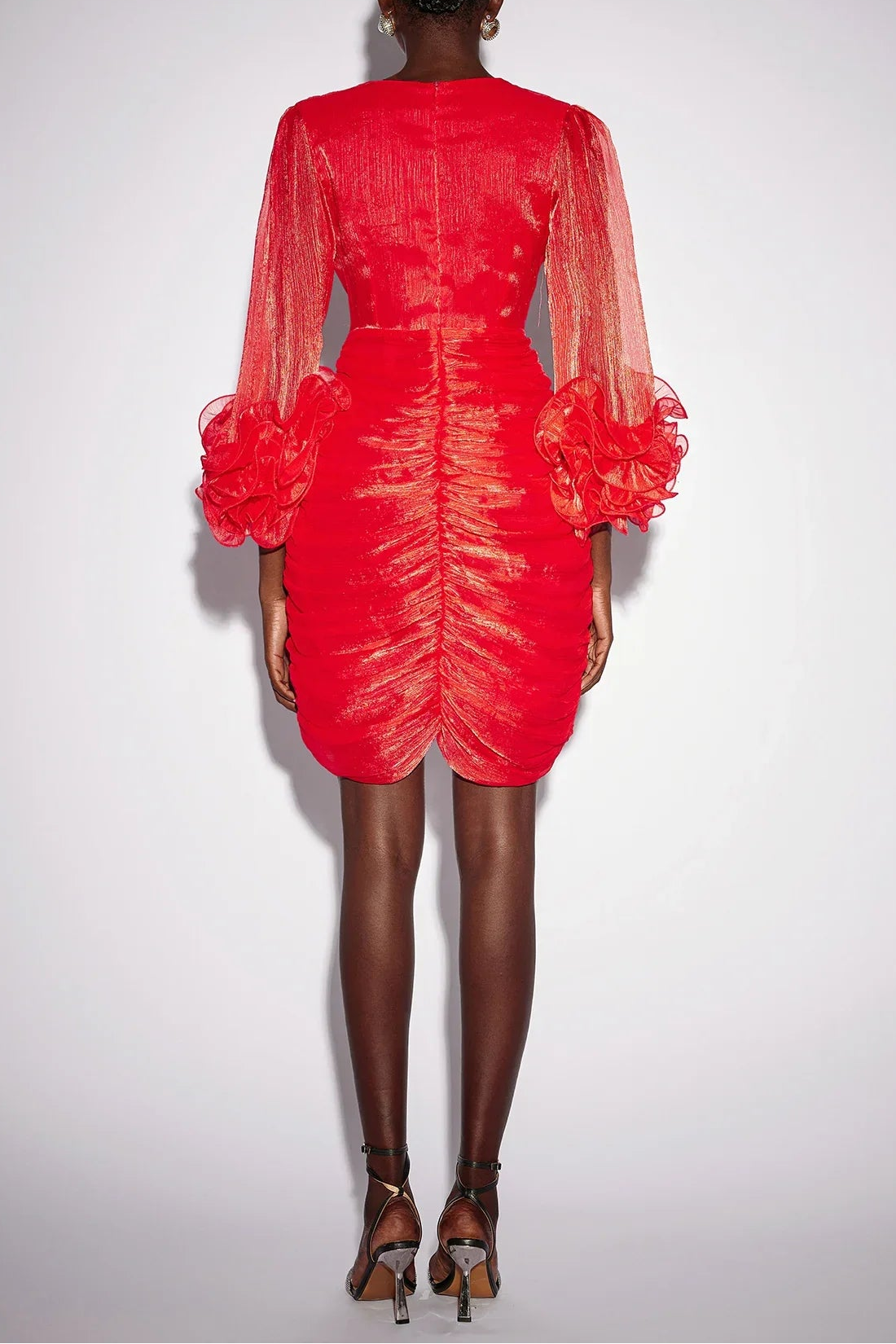 APPHA RUCHED MESH BODYCON RED MINI DRESS