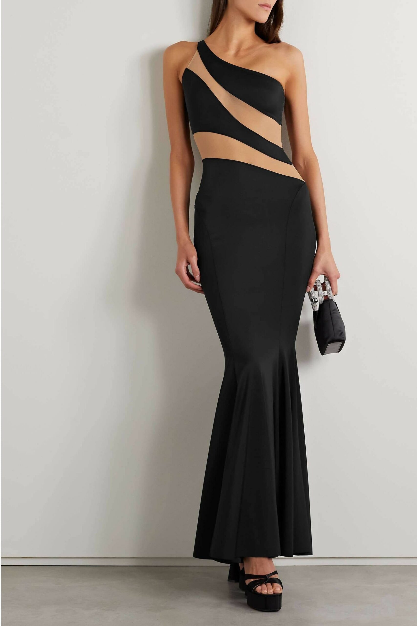 norma-kamali-snake-one-shoulder-mesh-paneled-stretch-jersey-gown-4-113 SNAKE ONE-SHOULDER MESH GOWN, EVENING PARTY DRESS