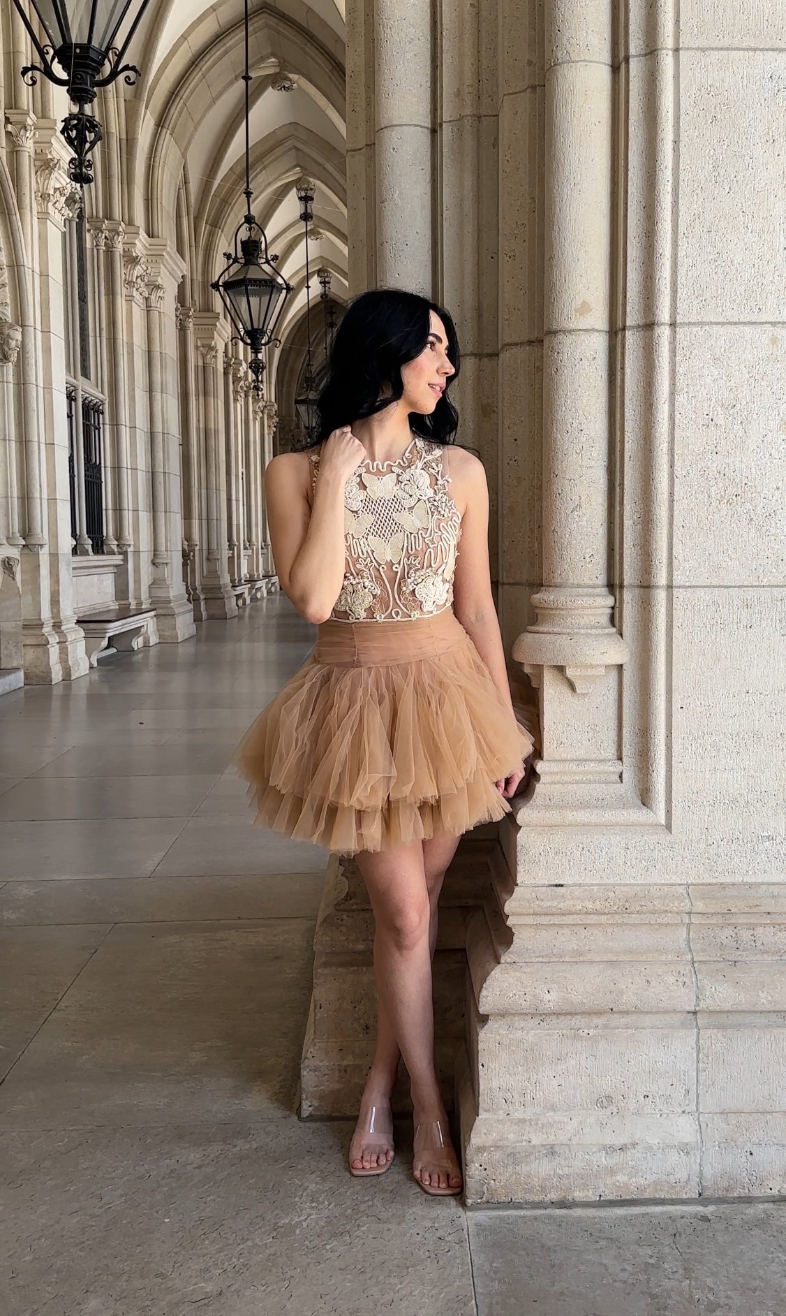 BEIGE BALLERINA TULLE MINI DRESS 3D APPLIQUE