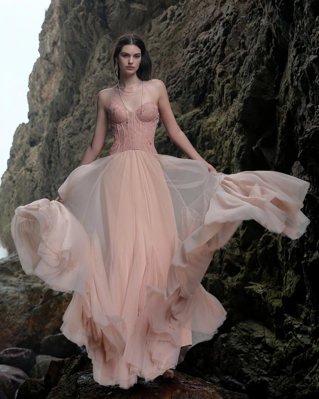 BLUSH TIFFANY LACE CORSET TULLE MAXI DRESS