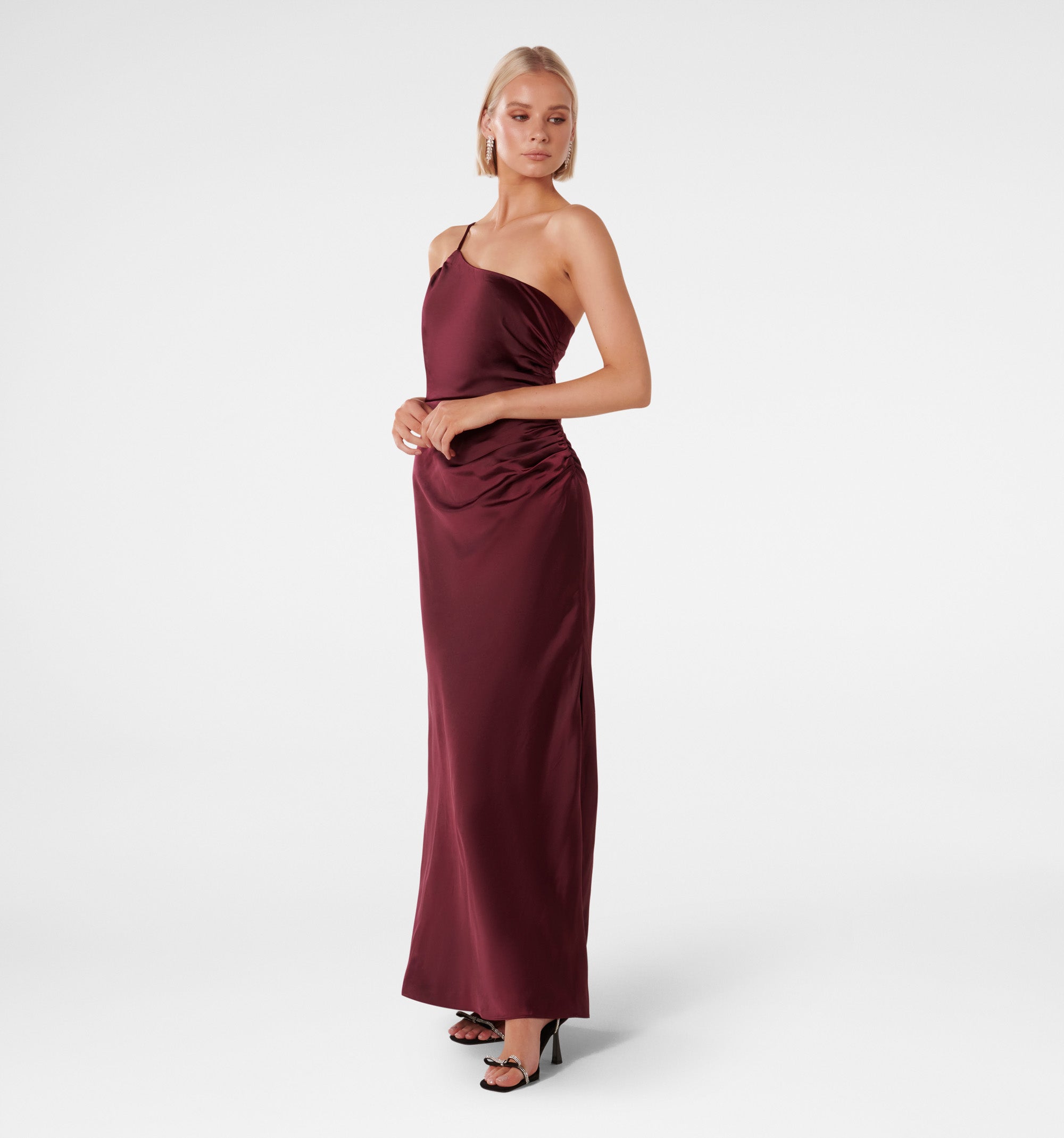 BORDEAUX ONE SHOULDER SATIN MAXI DRESS FOR EVENTS
