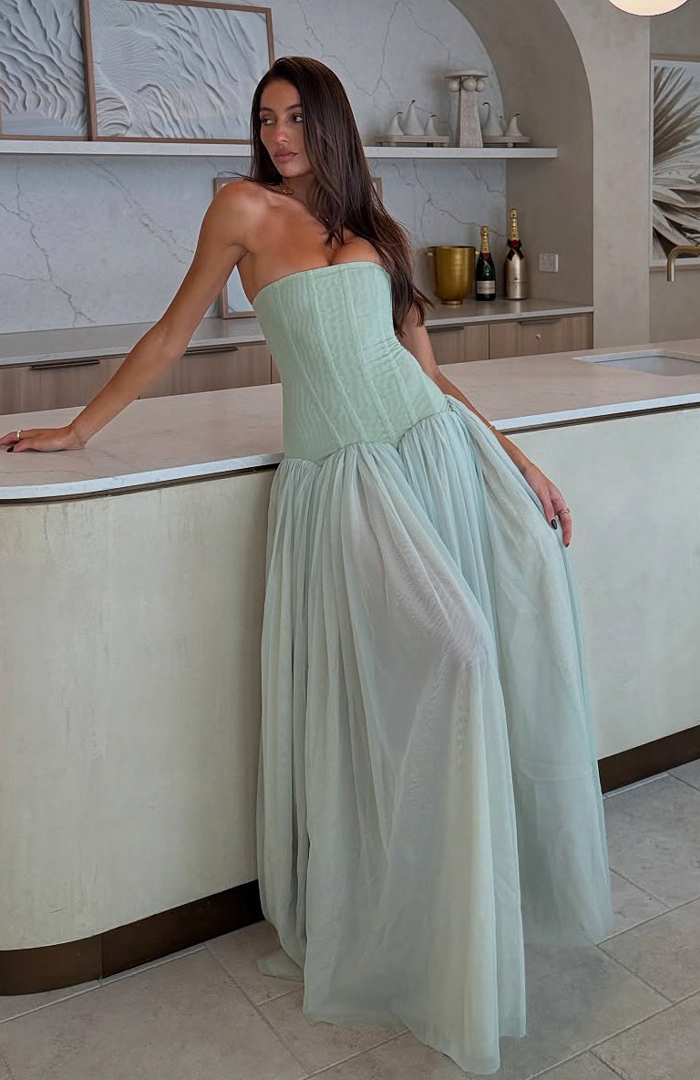 SABRINA GREEN TULLE STRAPLESS MAXI DRESS