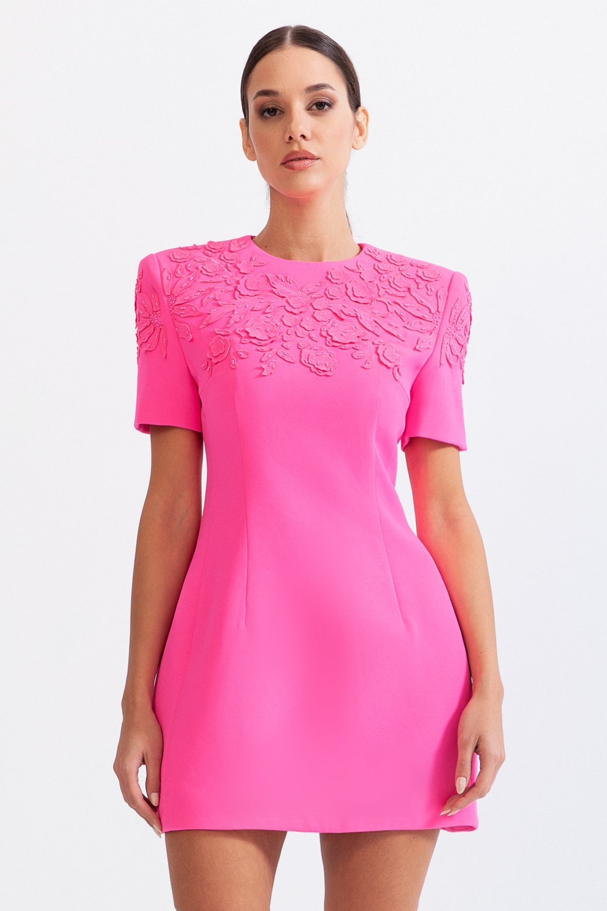 3D FLOWER EMBROIDERED SHORT DRESS - FUCHSIA PARTY