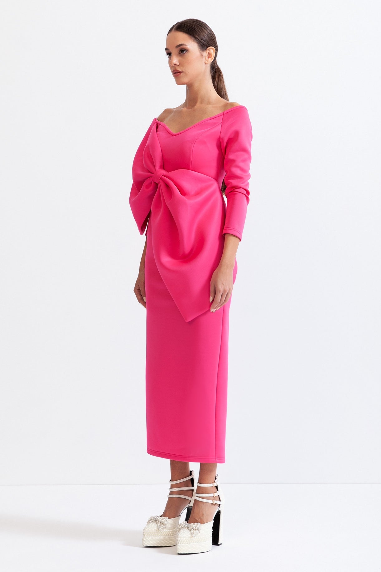 LONG SLEEVE CUTOUT RIBBON MIDI DRESS FUCHSIA