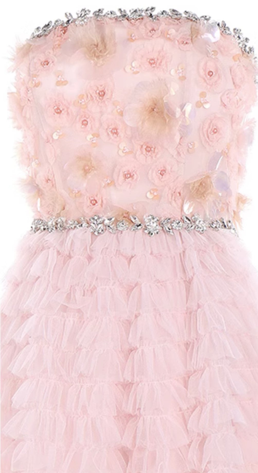 PINK PRINCESS RUFFLE MIDI STRAPLESS FLORAL DRESS