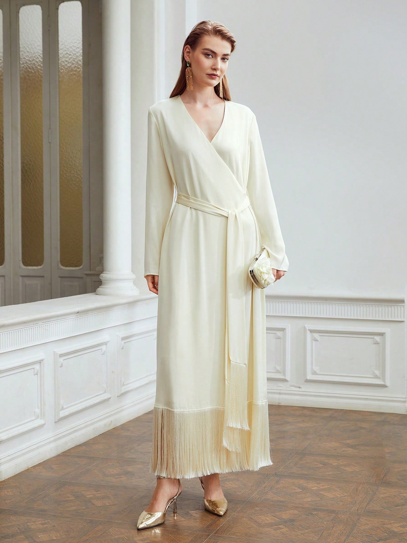 BELTED SATIN FRINGE DRESS, EVENING PARTY STYLE
