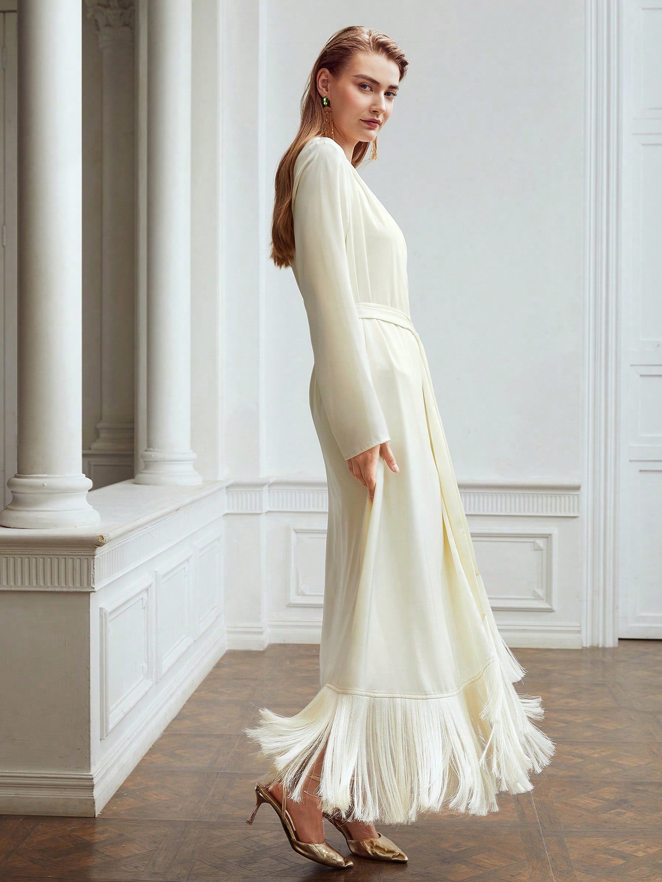 BELTED SATIN FRINGE DRESS, EVENING PARTY STYLE