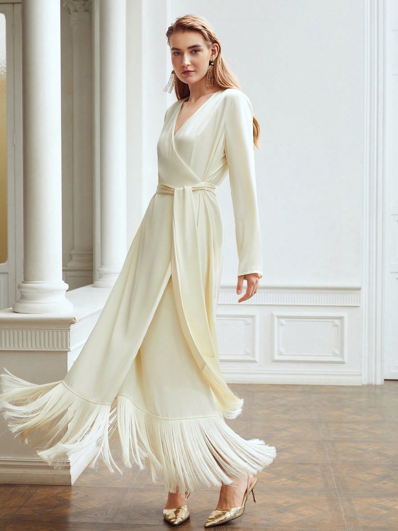 BELTED SATIN FRINGE DRESS, EVENING PARTY STYLE