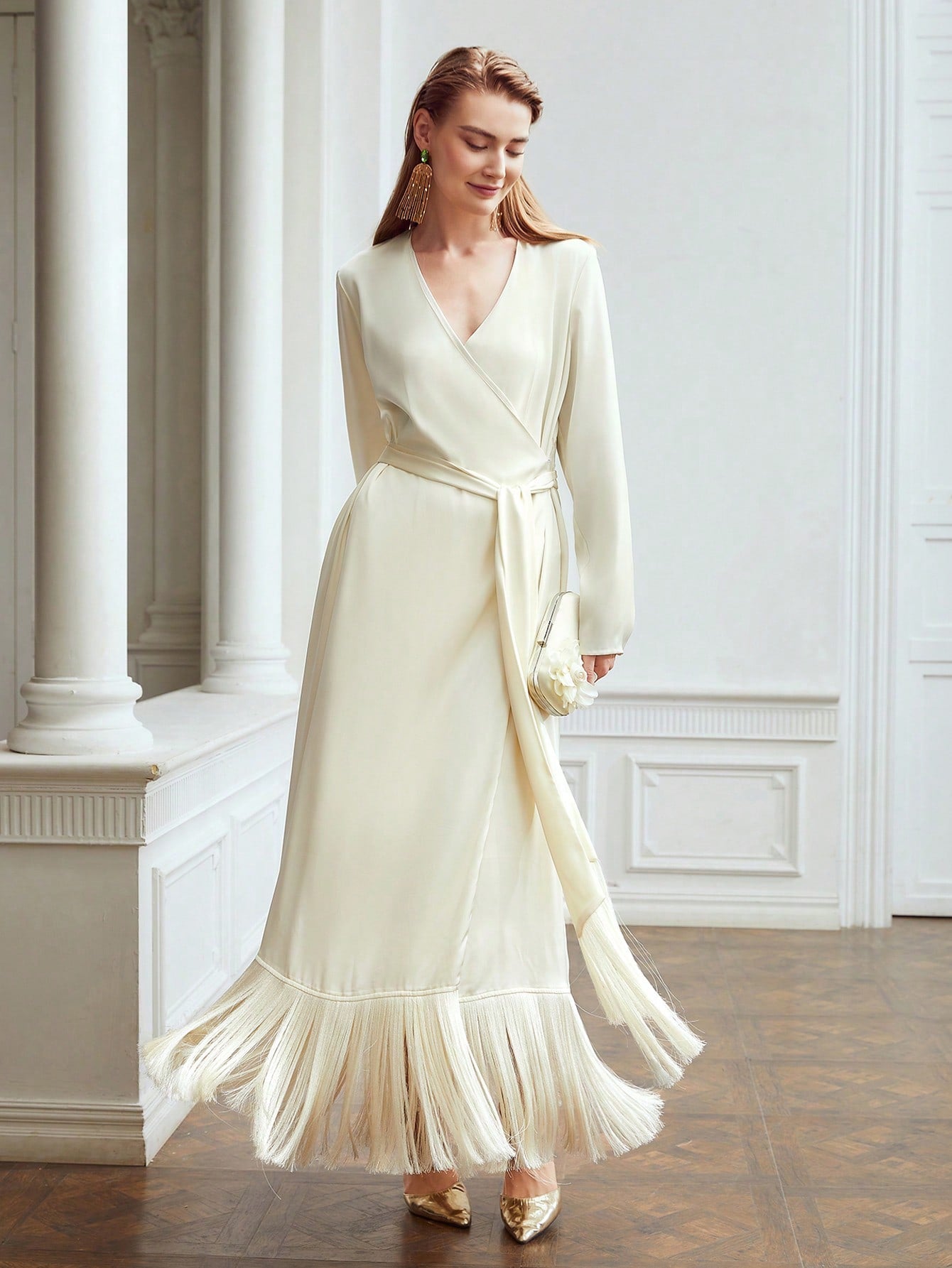 BELTED SATIN FRINGE DRESS, EVENING PARTY STYLE