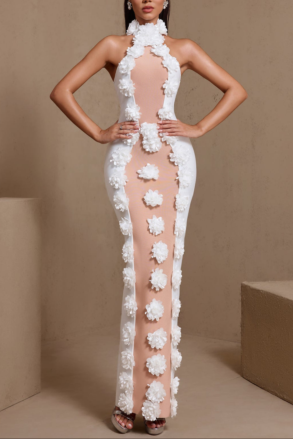 ppx01 JENNIFER WHITE HALTER 3D FLOWER BANDAGE MAXI DRESS
