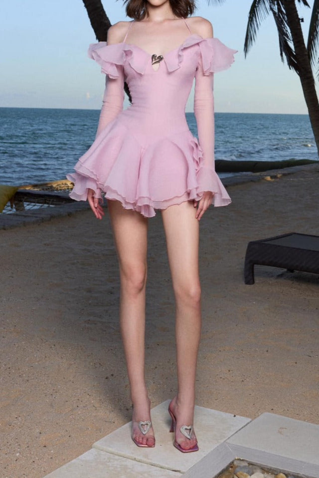 RUFFLED PINK HALTER MINI DRESS FOR PARTY