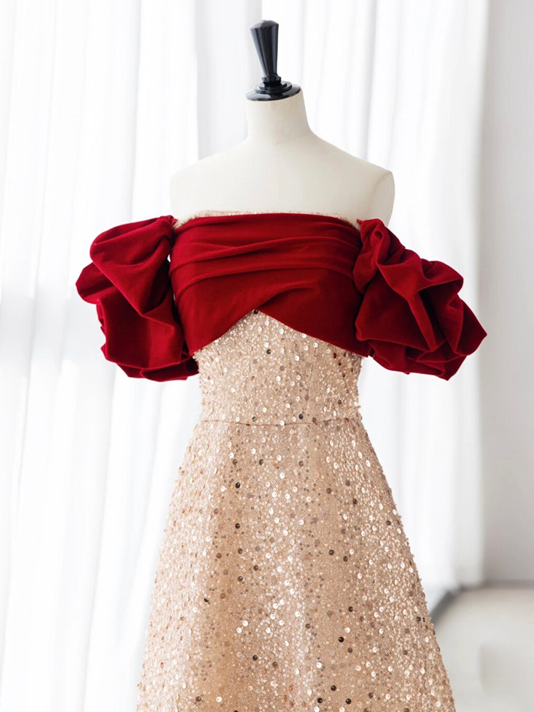 CHAMPAGNE VELVET A-LINE PROM DRESS