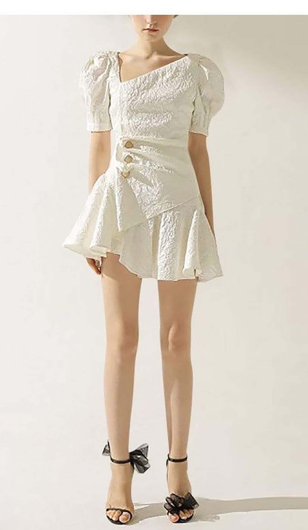 PUFFY SLEEVE BUTTON MINI DRESS WHITE