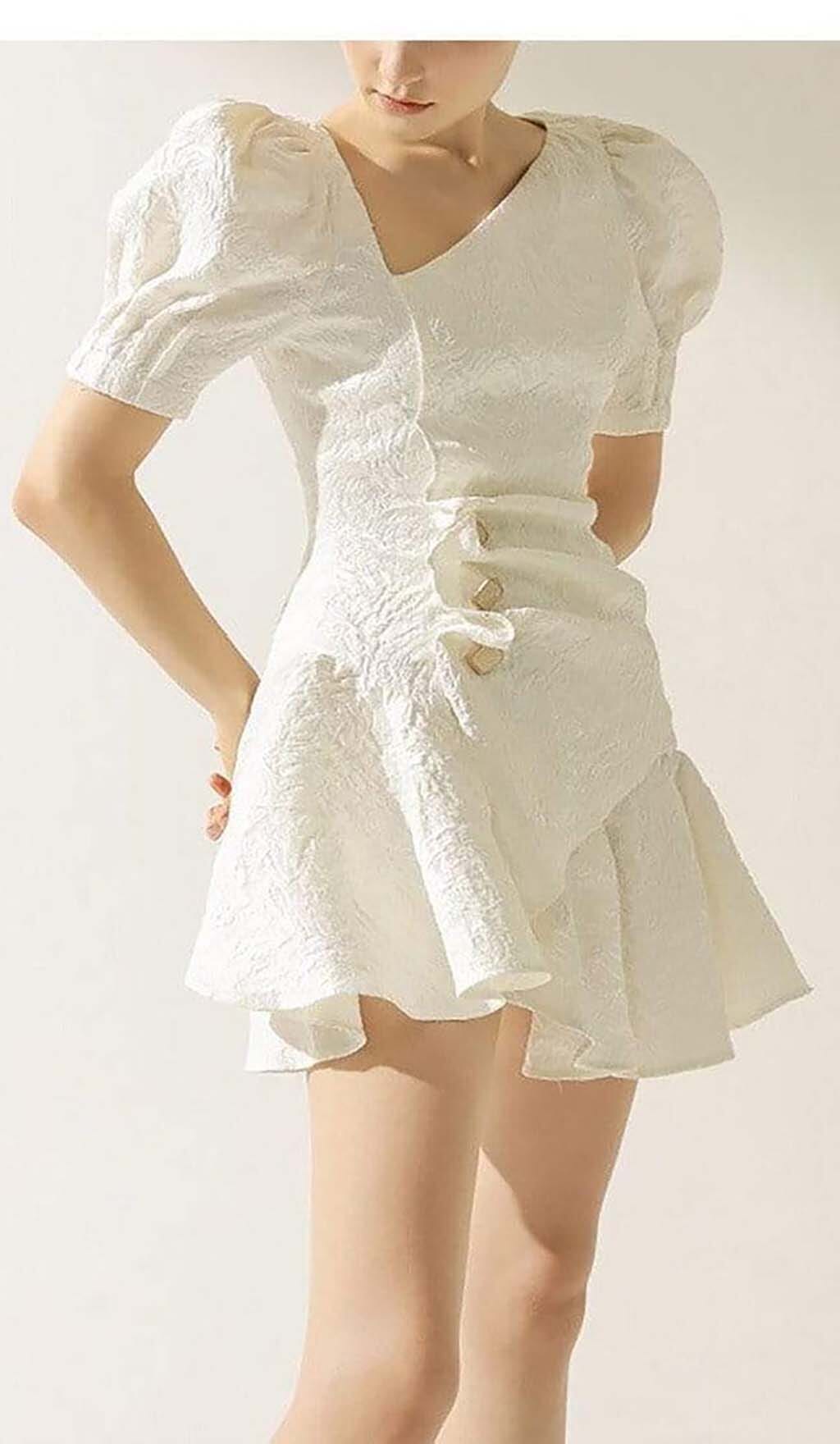 PUFFY SLEEVE BUTTON MINI DRESS WHITE