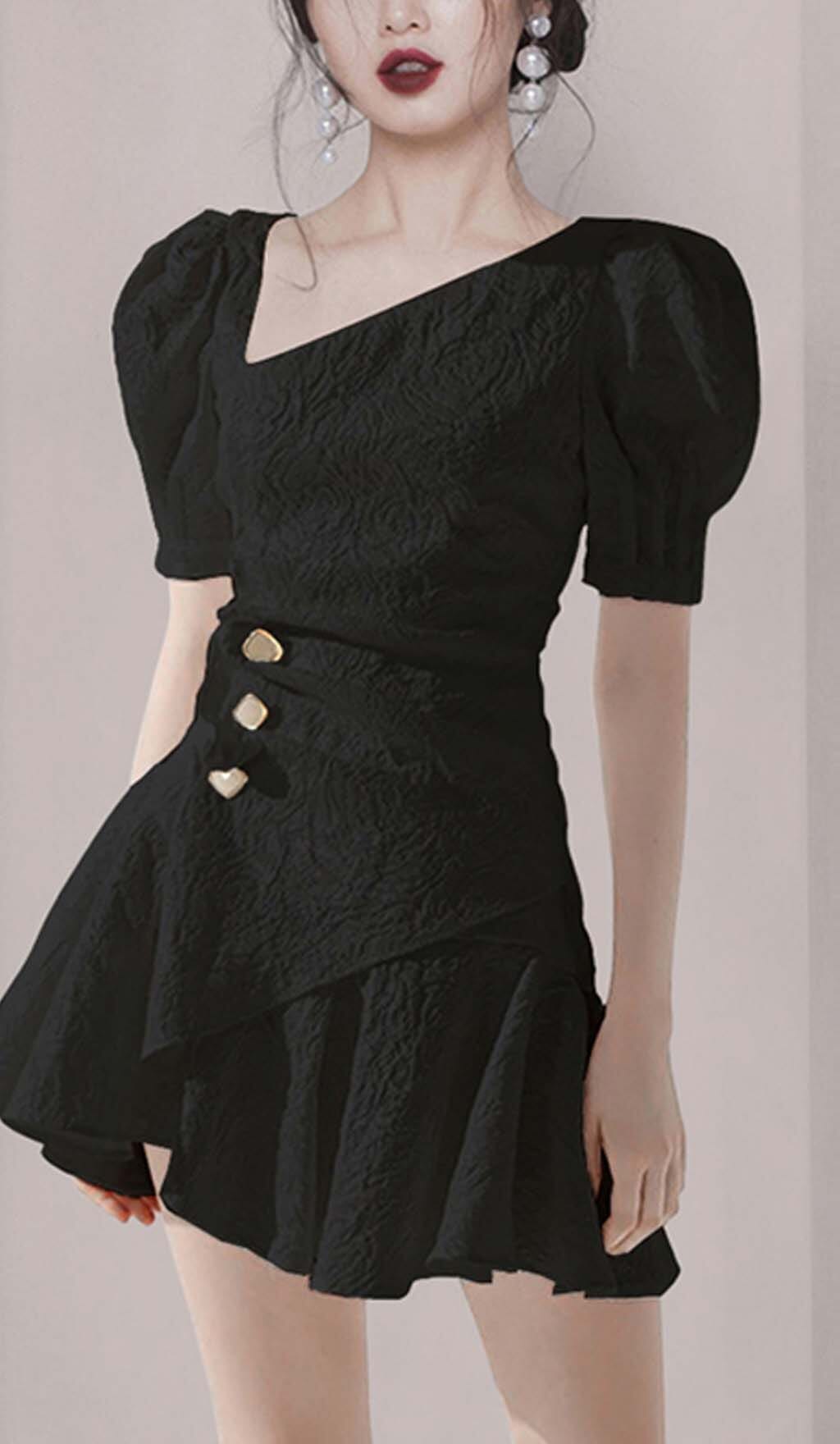 PUFFY SLEEVE BUTTON MINI DRESS WHITE