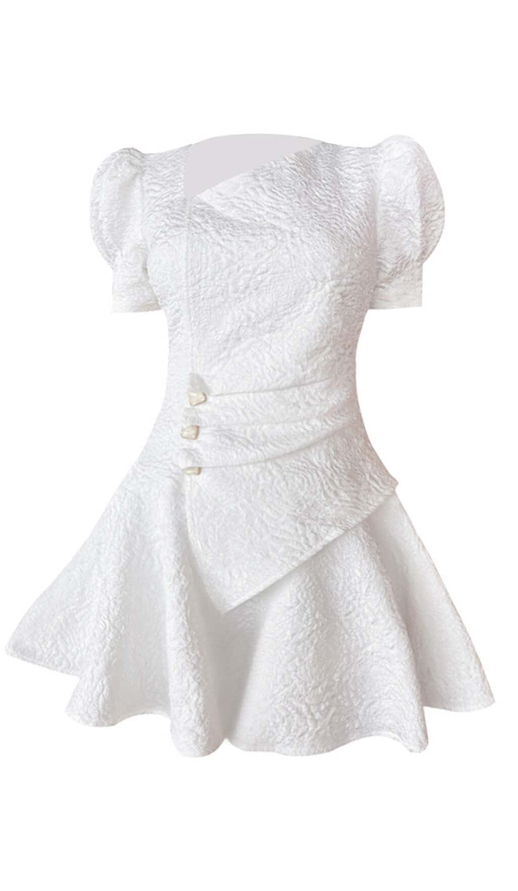 PUFFY SLEEVE BUTTON MINI DRESS WHITE