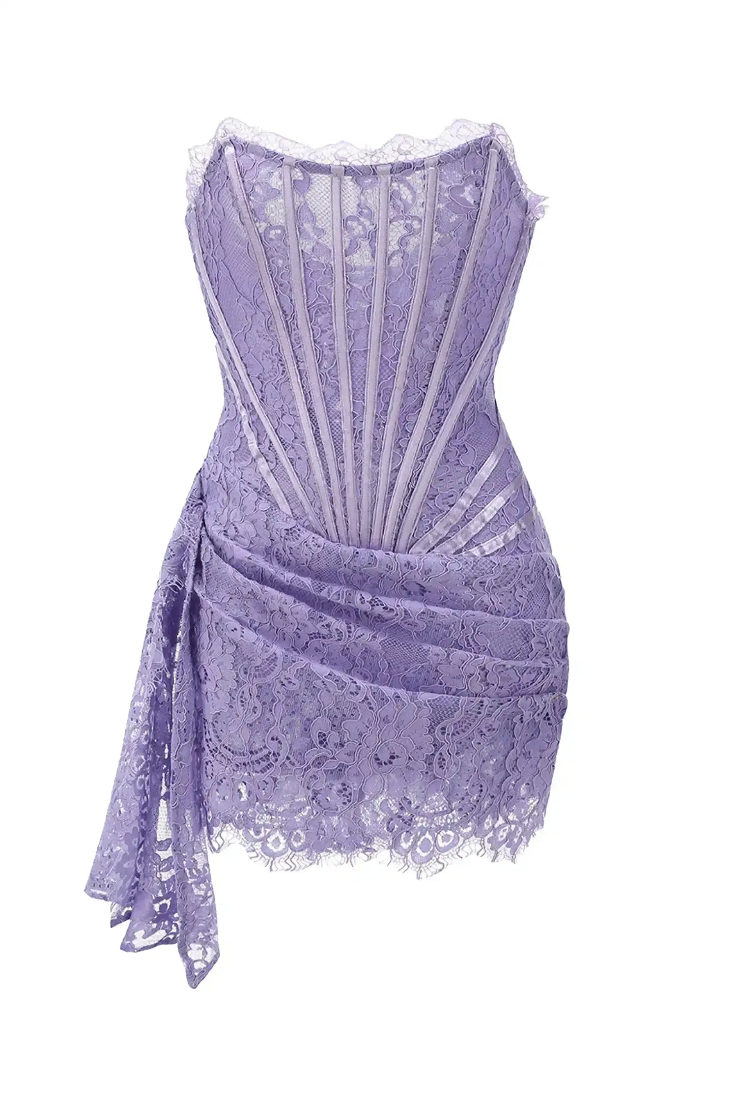 PURPLE LACE CORSET STRAPLESS DRAPED MINI DRESS