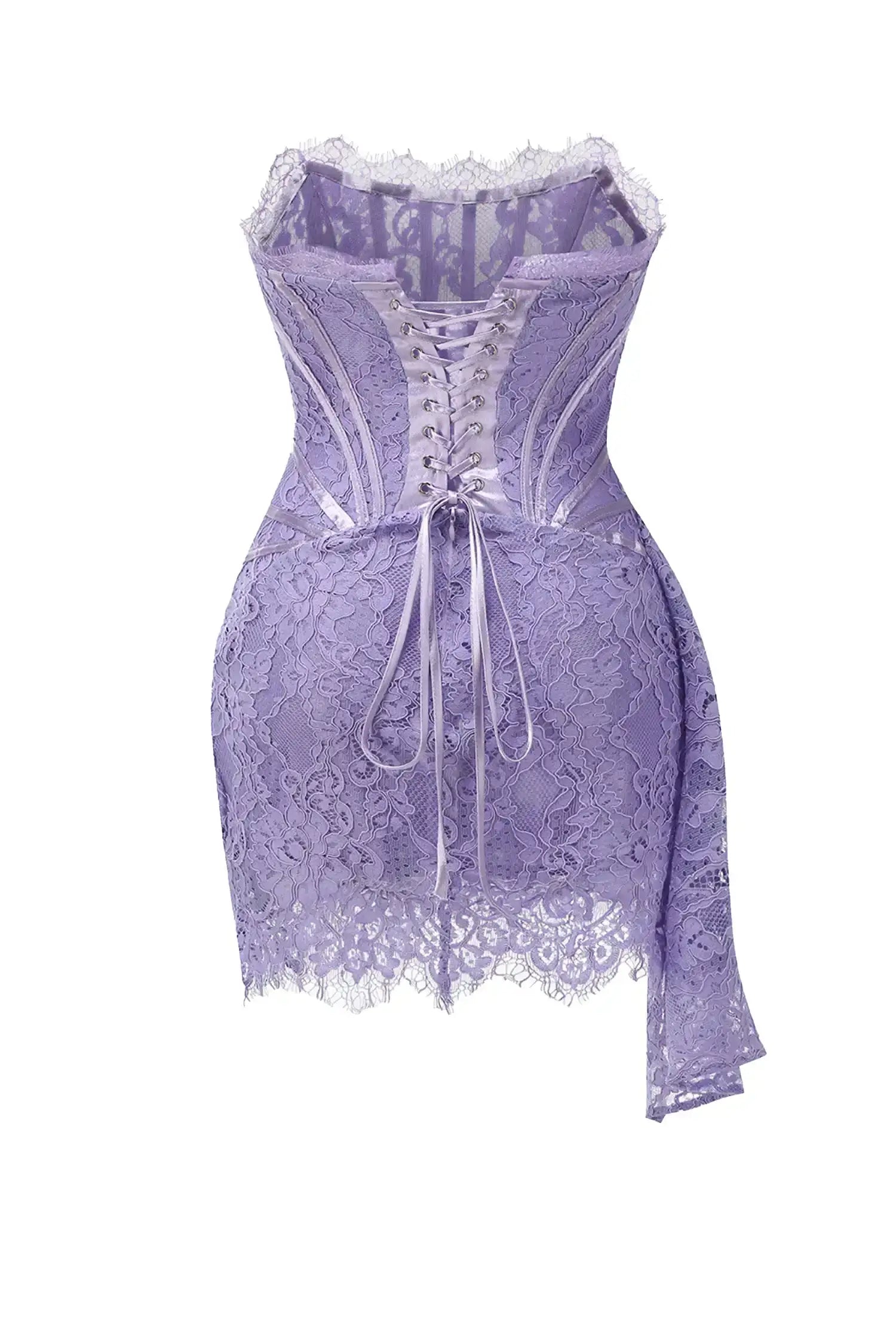 PURPLE LACE CORSET STRAPLESS DRAPED MINI DRESS