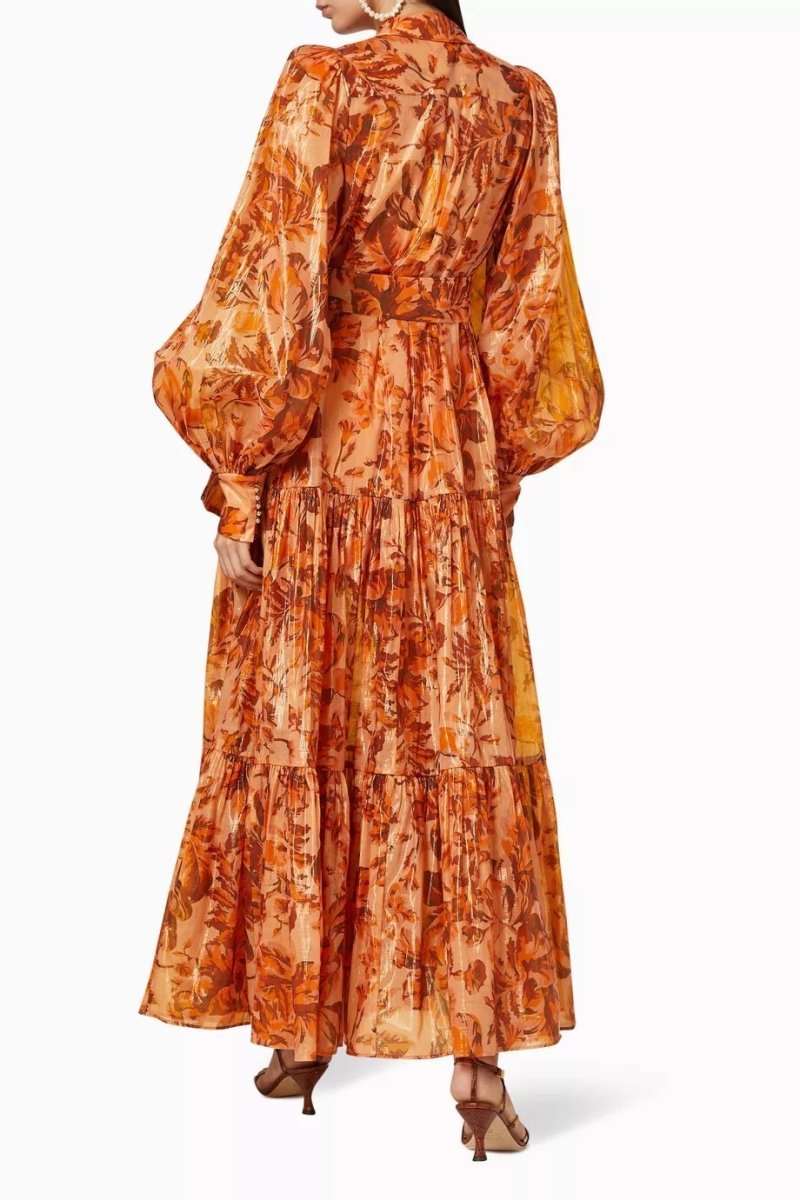 BROWN PRINTED BALLOON SLEEVE MAXI DRESS FOR WOMEN