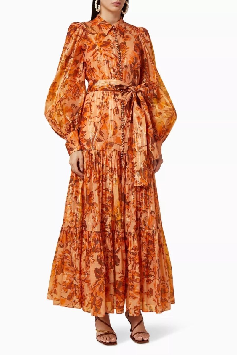 BROWN PRINTED BALLOON SLEEVE MAXI DRESS FOR WOMEN
