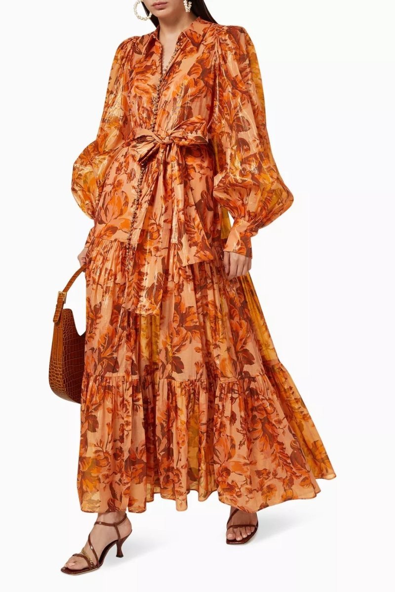 BROWN PRINTED BALLOON SLEEVE MAXI DRESS FOR WOMEN