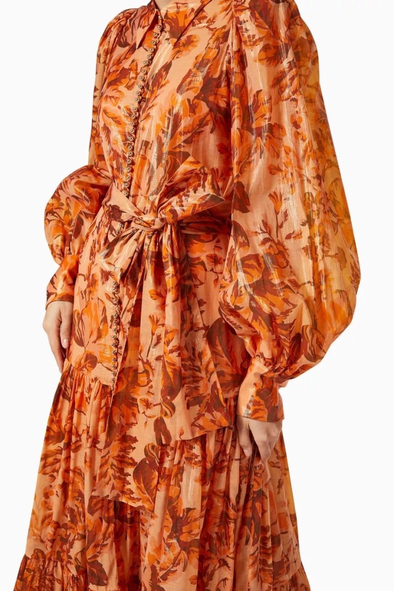 BROWN PRINTED BALLOON SLEEVE MAXI DRESS FOR WOMEN