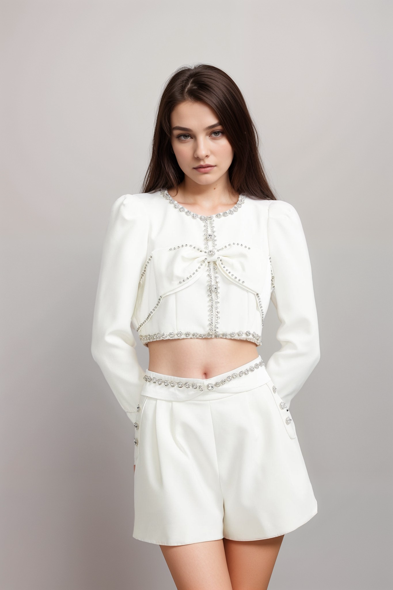 QUILLEVA CROPPED JACKET & SHORTS SET, EMBELLISHED PARTY WEAR