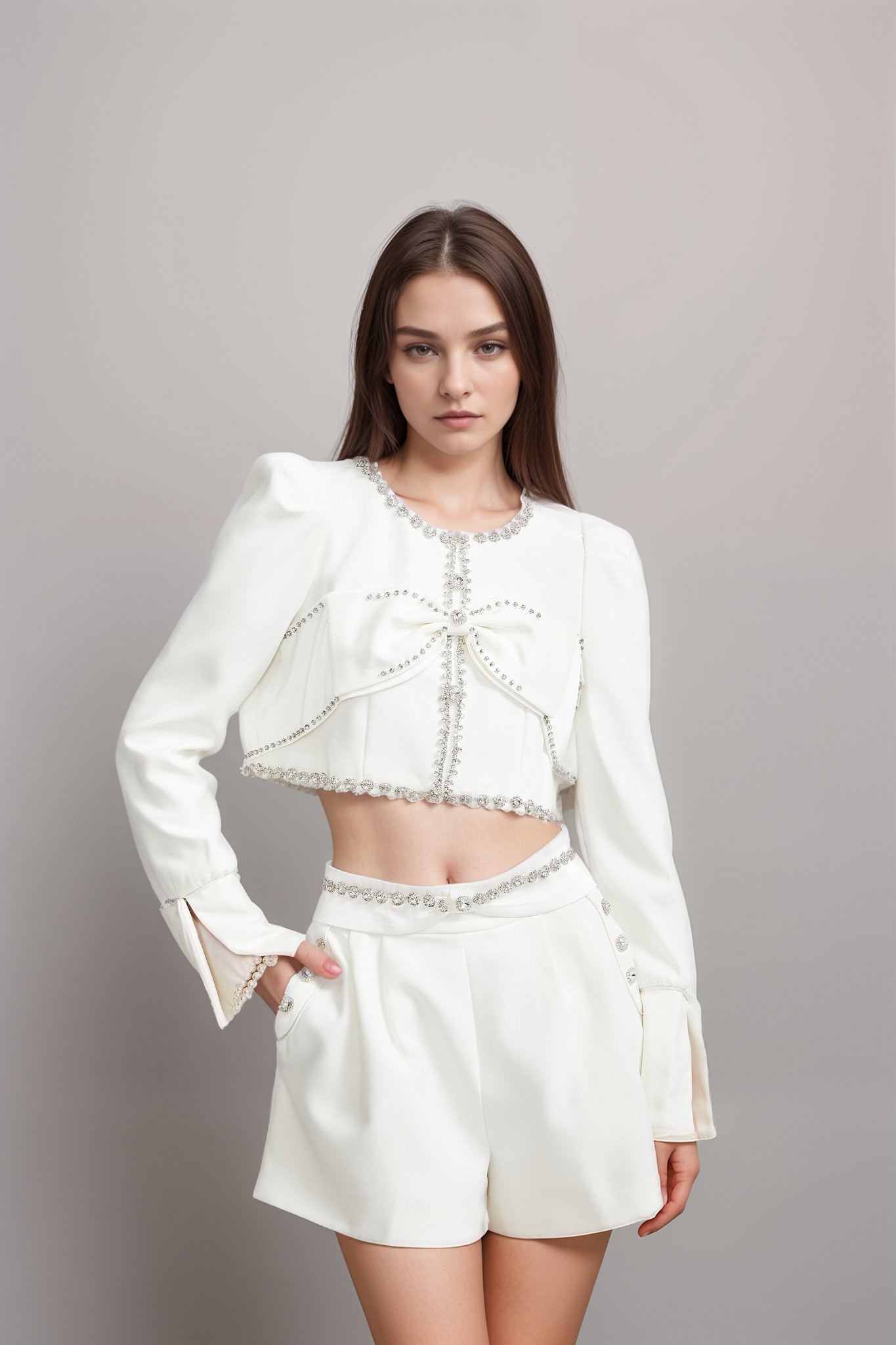 QUILLEVA CROPPED JACKET & SHORTS SET, EMBELLISHED PARTY WEAR