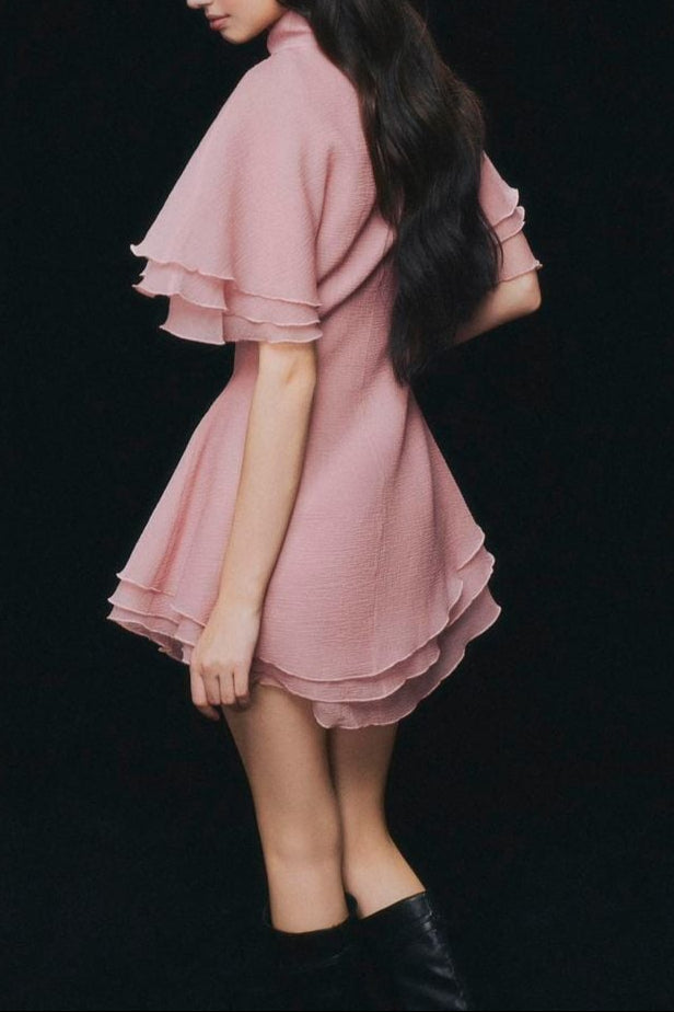 LAYER TRIM CHIFFON SHIRT MINI DRESS PINK