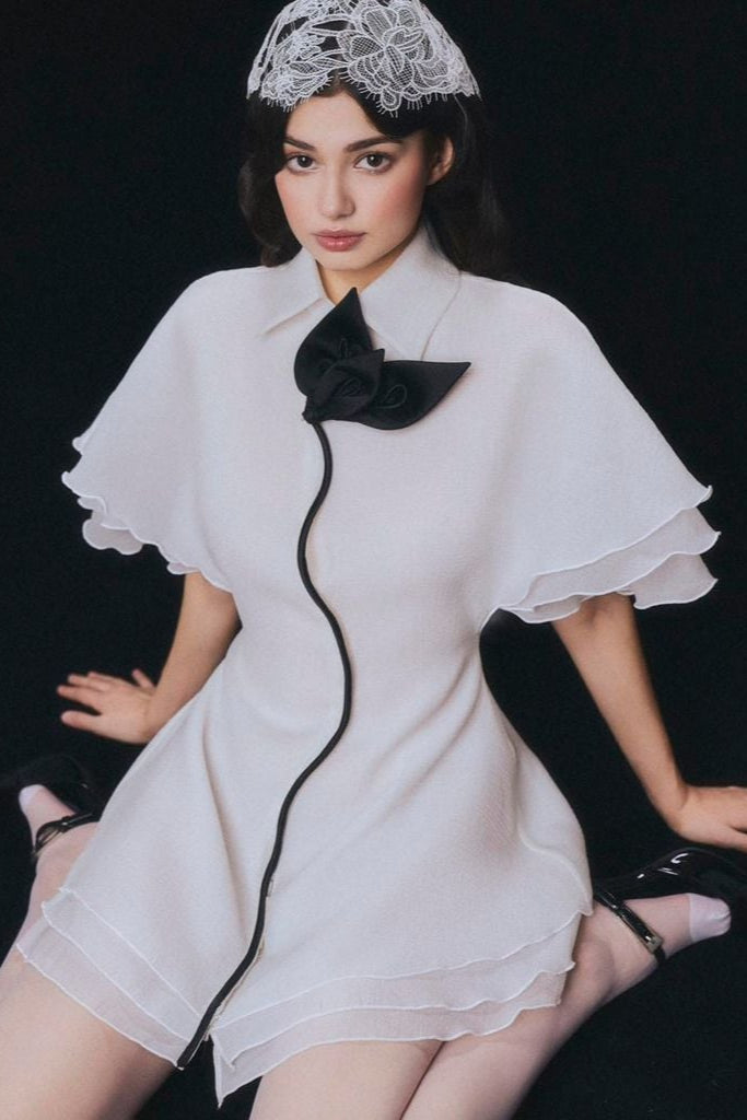 LAYER TRIM CHIFFON SHIRT MINI DRESS WHITE