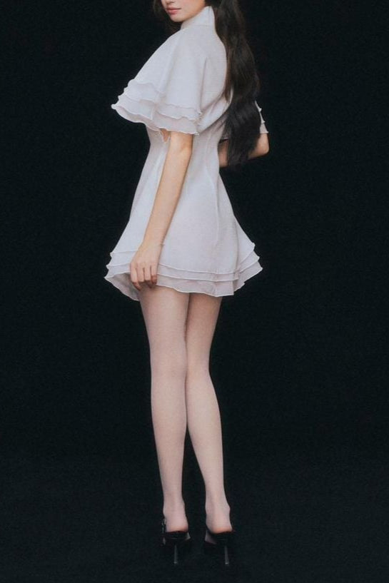 LAYER TRIM CHIFFON SHIRT MINI DRESS WHITE