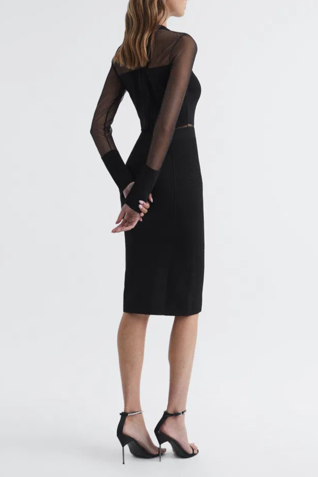 LYLA SHEER SLEEVE MIDI DRESS, BLACK, EVENING