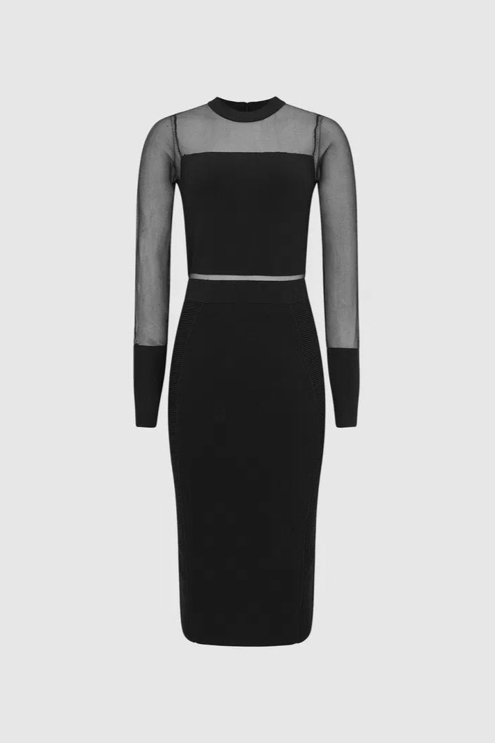 LYLA SHEER SLEEVE MIDI DRESS, BLACK, EVENING