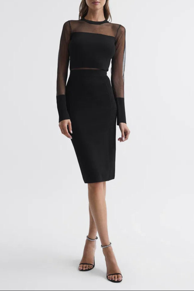 LYLA SHEER SLEEVE MIDI DRESS, BLACK, EVENING
