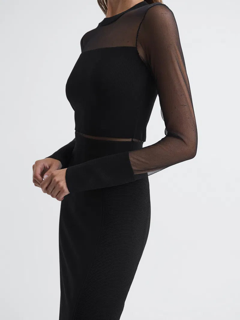 LYLA SHEER SLEEVE MIDI DRESS, BLACK, EVENING