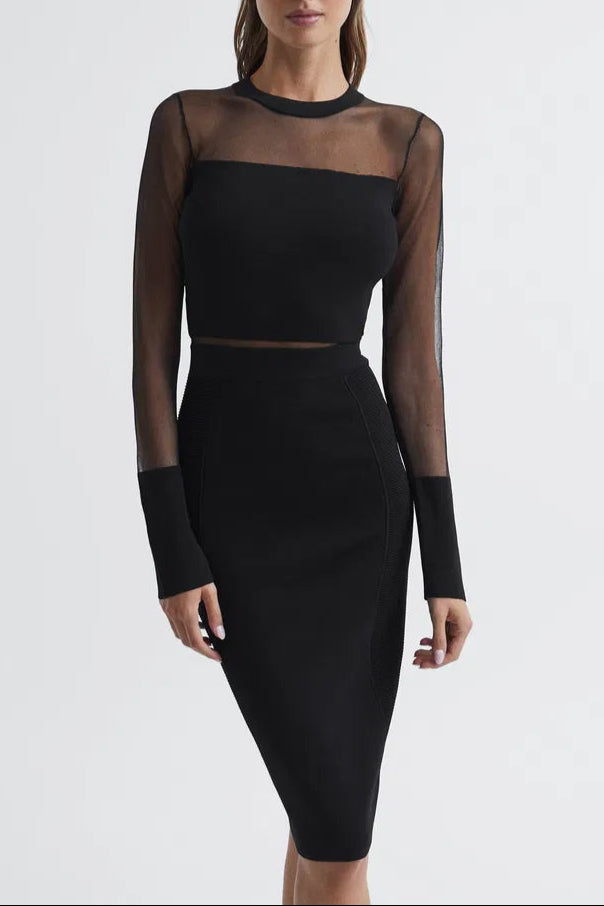 LYLA SHEER SLEEVE MIDI DRESS, BLACK, EVENING