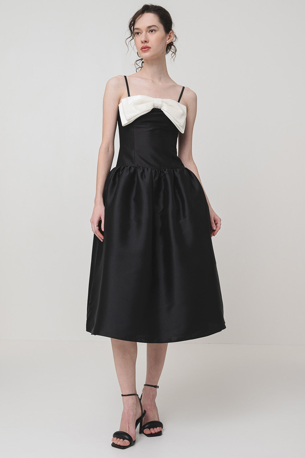 BOW DETAIL TAFFETA MIDI DRESS - BLACK WEDDING GUEST
