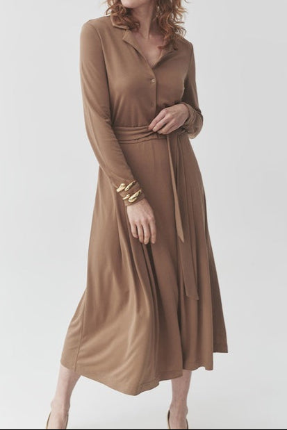 DRAWSTRING WAIST BROWN MIDI DRESS CASUAL