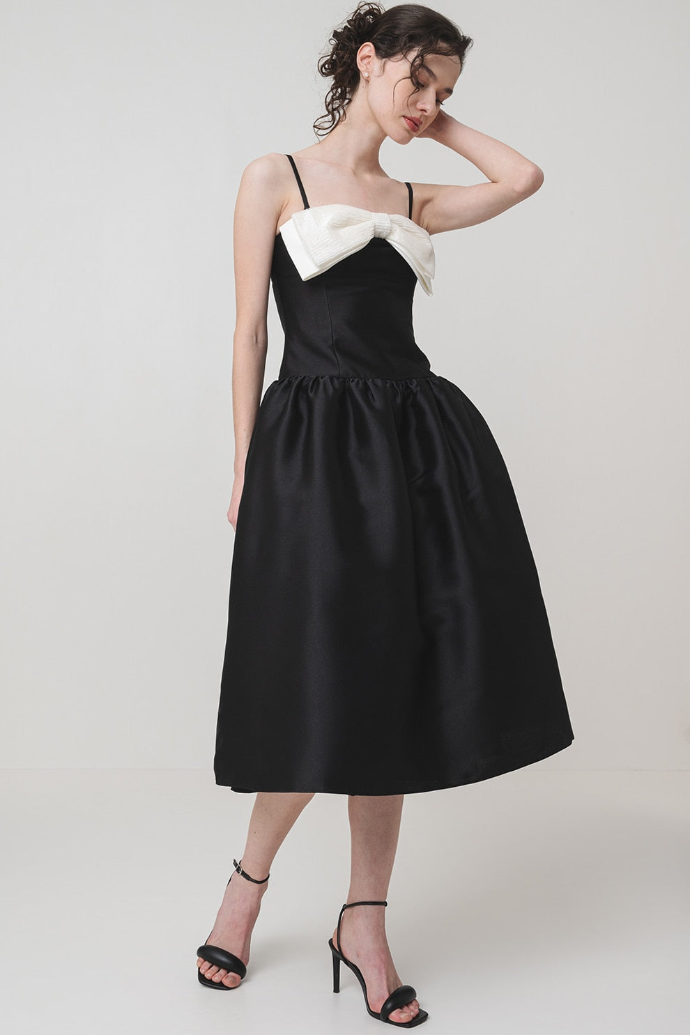 BOW DETAIL TAFFETA MIDI DRESS - BLACK WEDDING GUEST