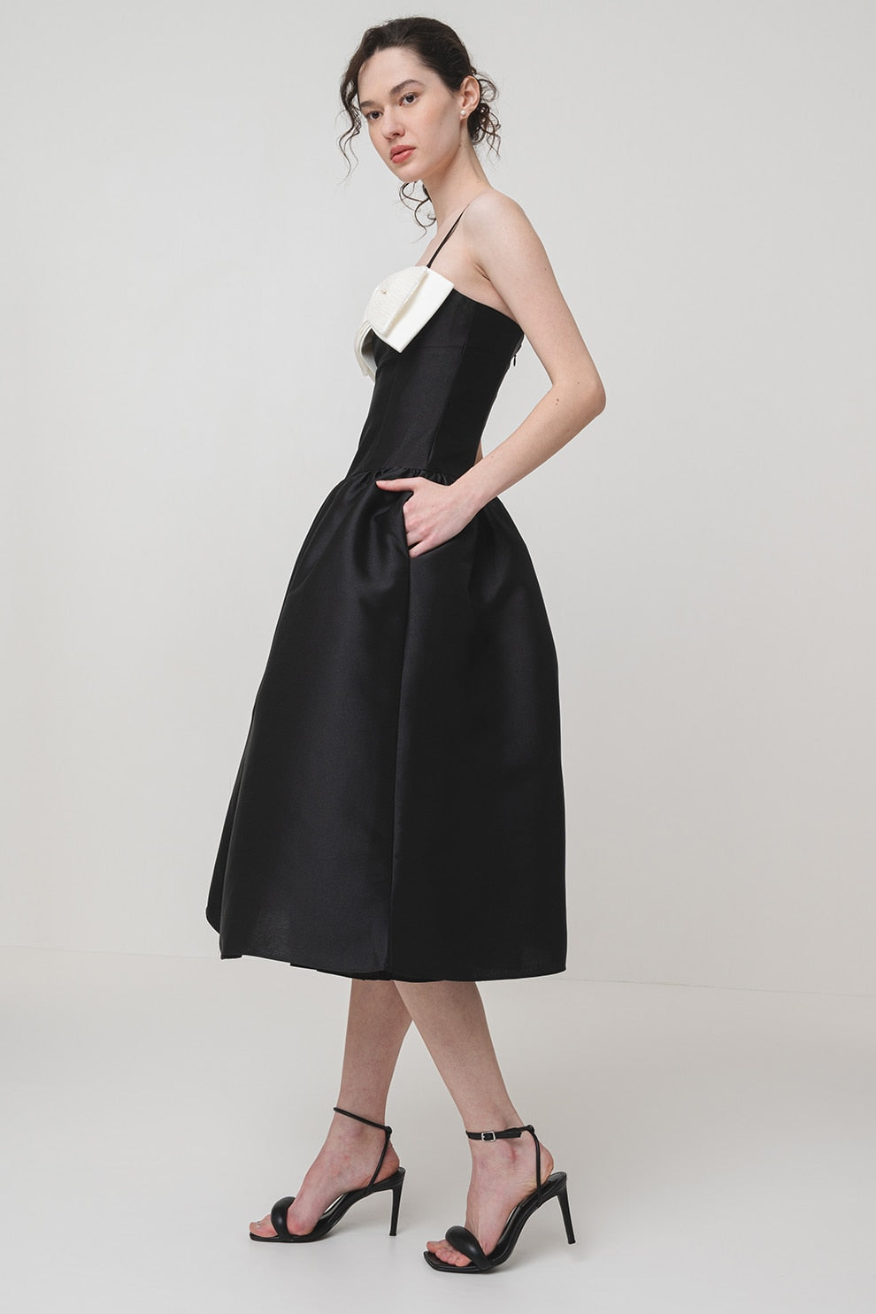 BOW DETAIL TAFFETA MIDI DRESS - BLACK WEDDING GUEST