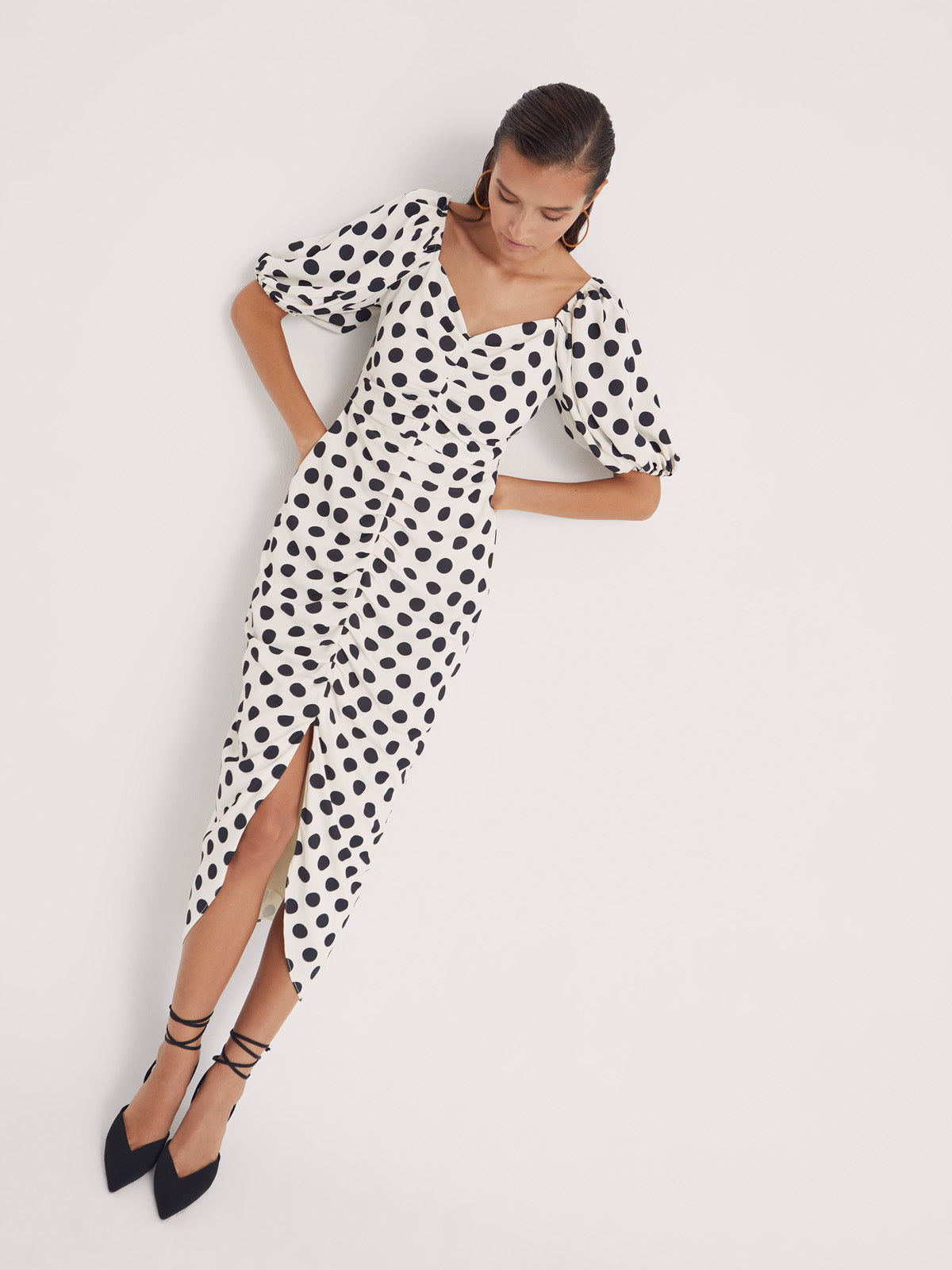 RITA DOTS DRAPED POLKA DOT MIDI DRESS