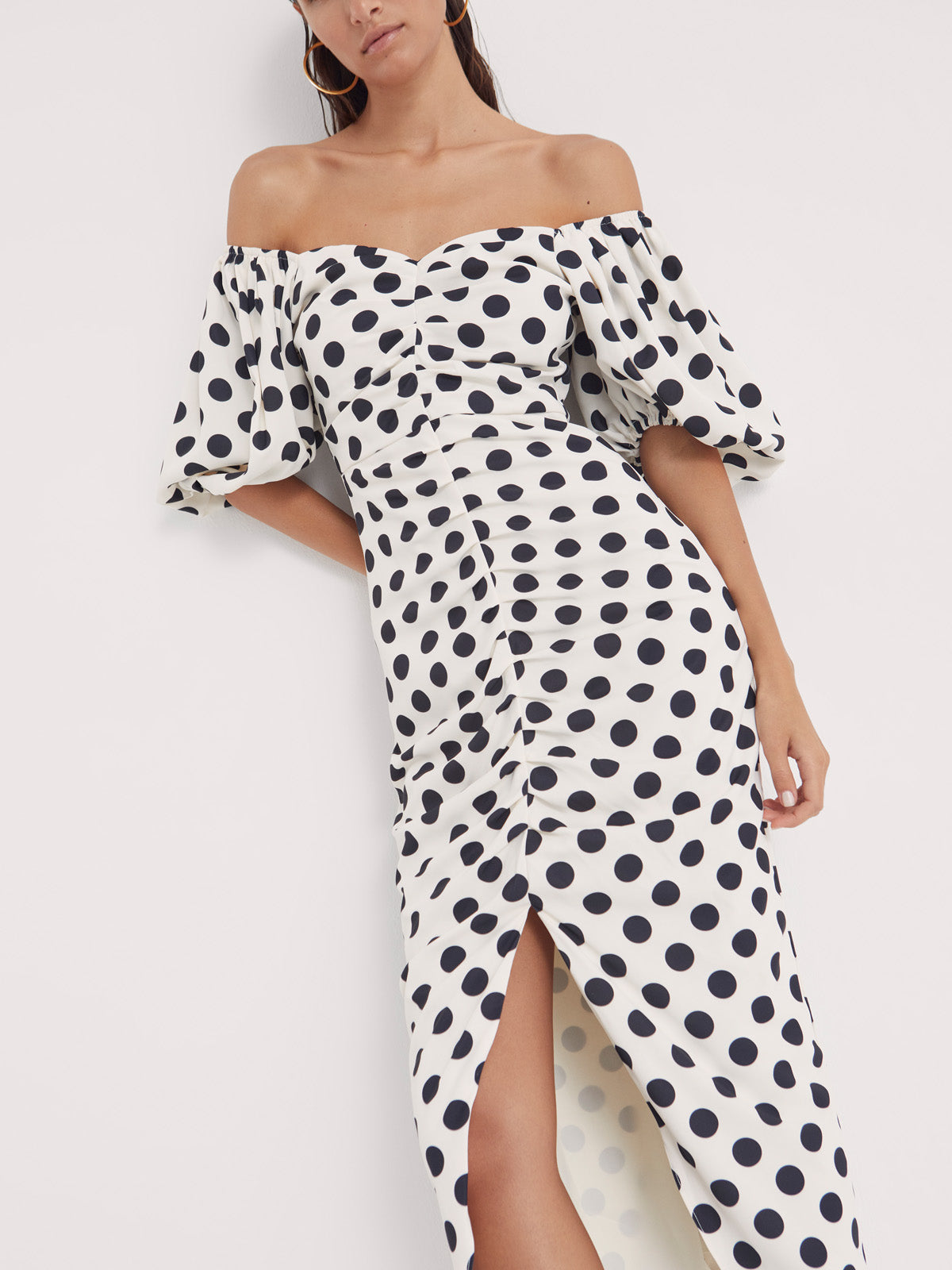 RITA DOTS DRAPED POLKA DOT MIDI DRESS