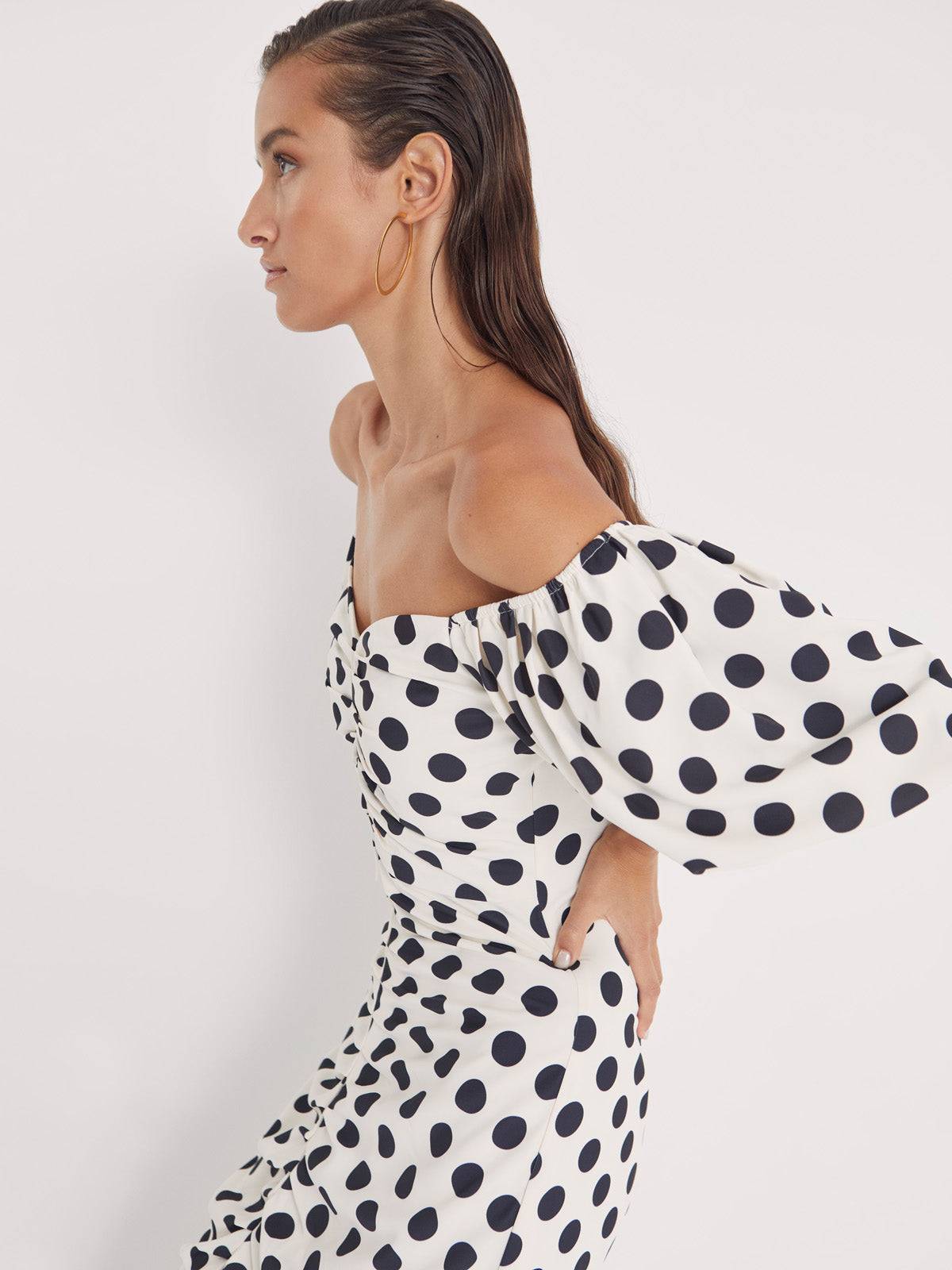 RITA DOTS DRAPED POLKA DOT MIDI DRESS